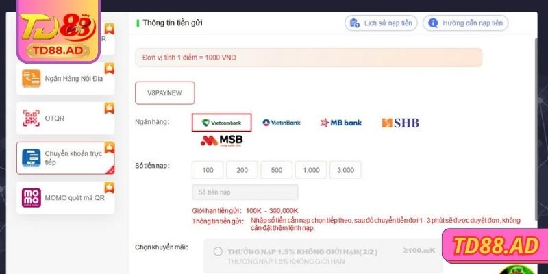 Nạp Rút Tiền TD88 3 Cách nạp tiền nhanh chóng vào hệ thống